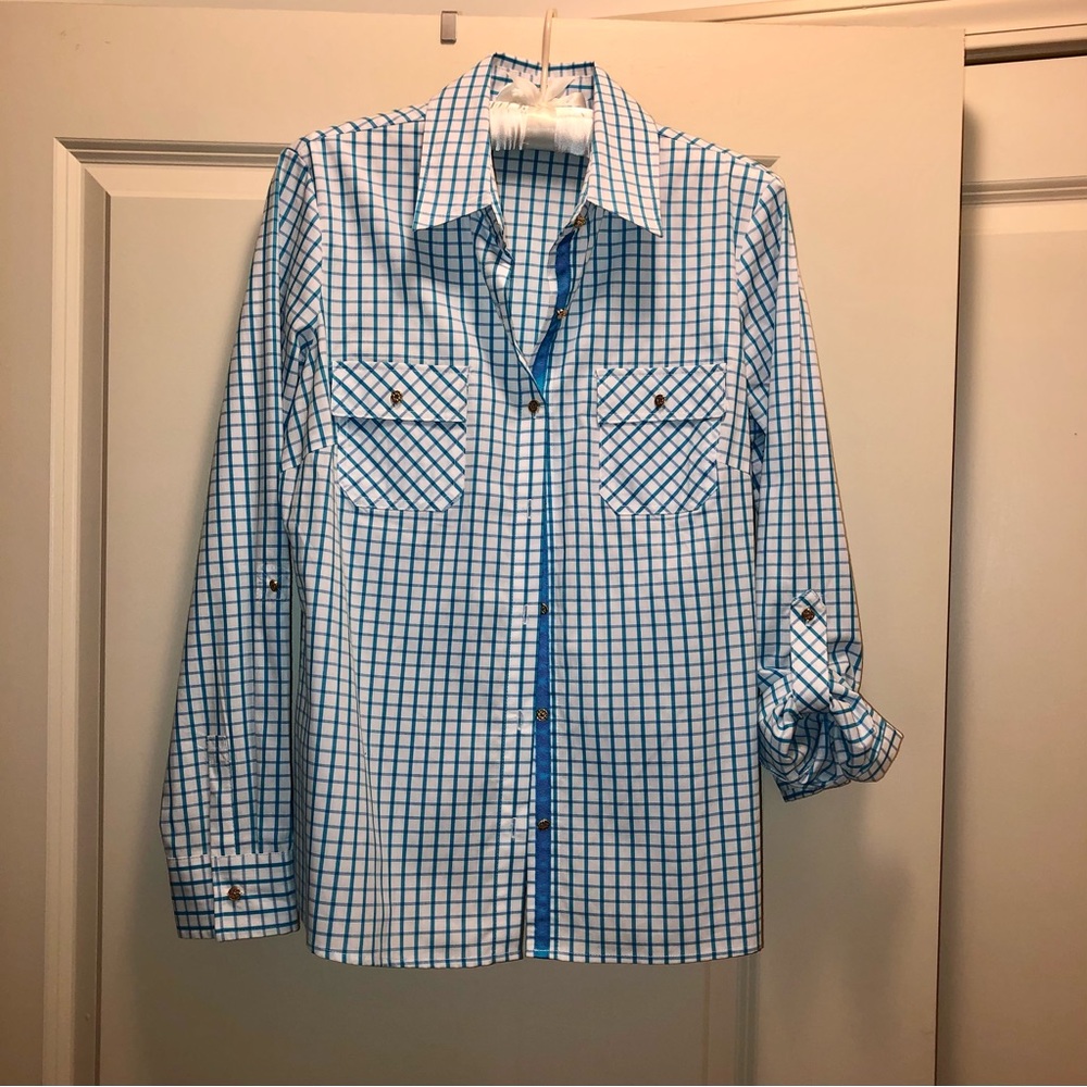 NWOT Kim Rogers Button Down Shirt Size Med - Turquoise & White